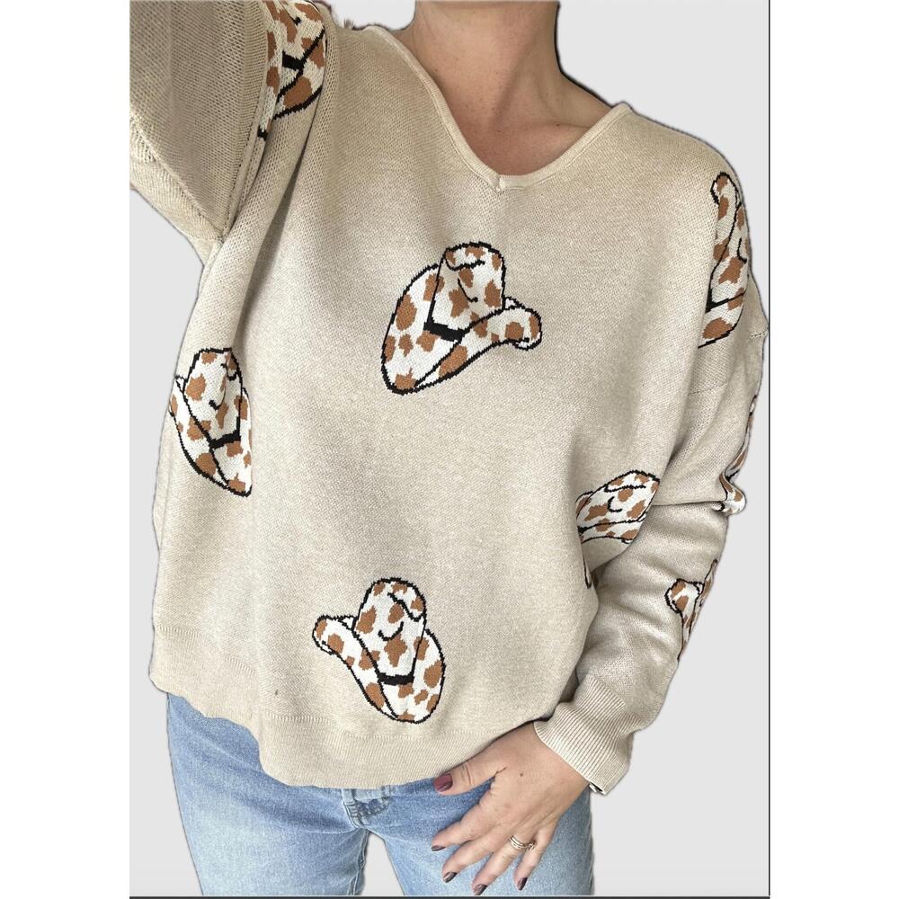 NEW TURQUOISE HAVEN cheetah cowboy hat sweater in tan